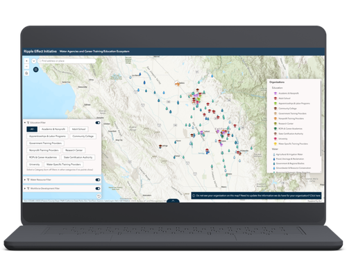 laptop screen showing interactive map screenshot of local water agencies and career training providers/education providers